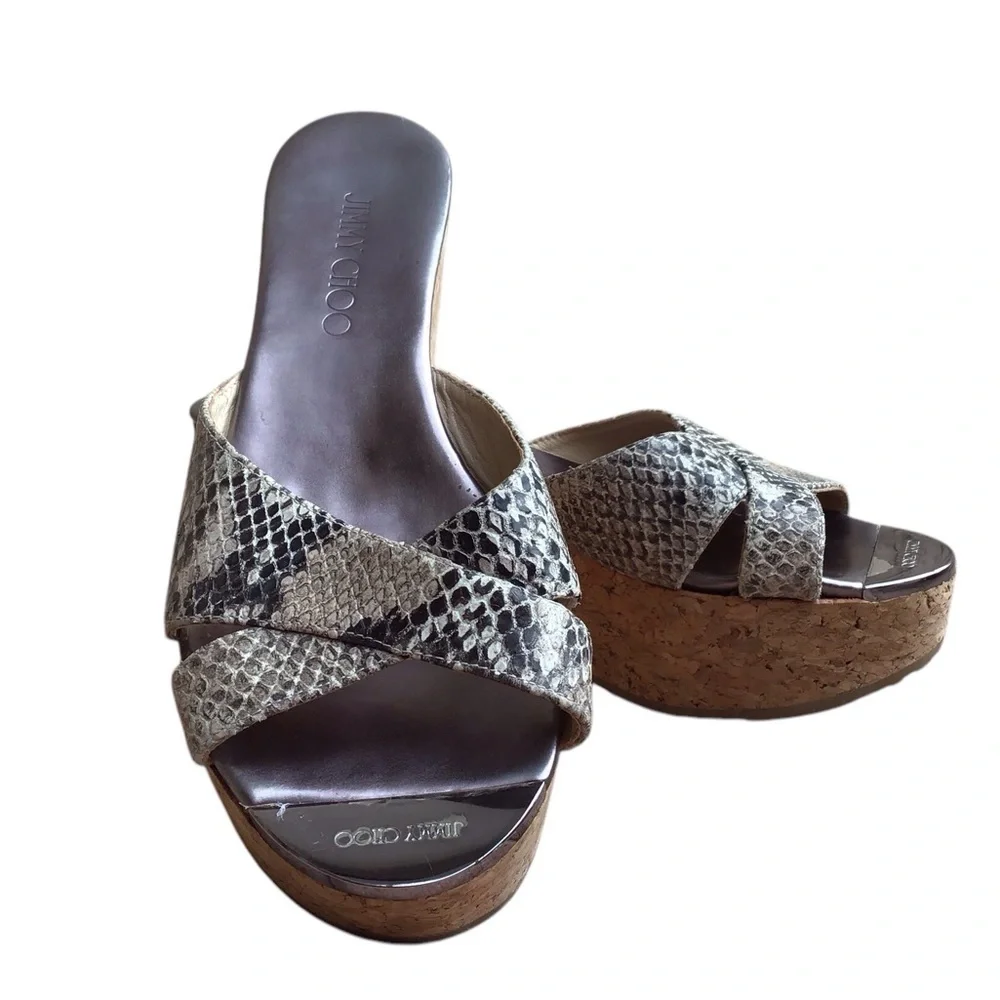 Jimmy Choo Snakeskin- Embossed Leather Cork Wedge Sandals